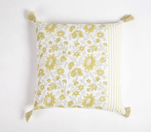 Sage Green Floral Block Printed Cotton Cushion Cover, 18 x 18 inches