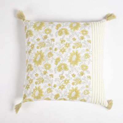 Sage Green Floral Block Printed Cotton Cushion Cover, 18 x 18 inches