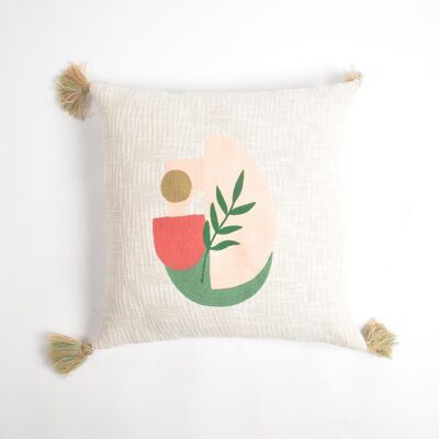 Housse de coussin texturée imprimée abstraite avec coins à pompons, 18 x 18 pouces