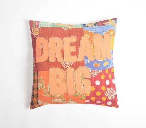Dream Big' Patchwork Kantha Embroidered Cushion Cover, 20 x 20 inches