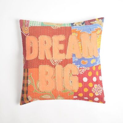 Dream Big' Patchwork Kantha Embroidered Cushion Cover, 20 x 20 inches