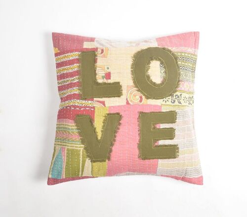 Love' Patchwork Kantha Embroidered Cushion Cover, 20 x 20 inches