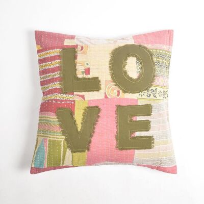 Love' Patchwork Kantha Embroidered Cushion Cover, 20 x 20 inches