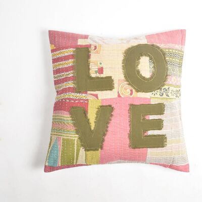 Love' Patchwork Kantha Embroidered Cushion Cover, 20 x 20 inches