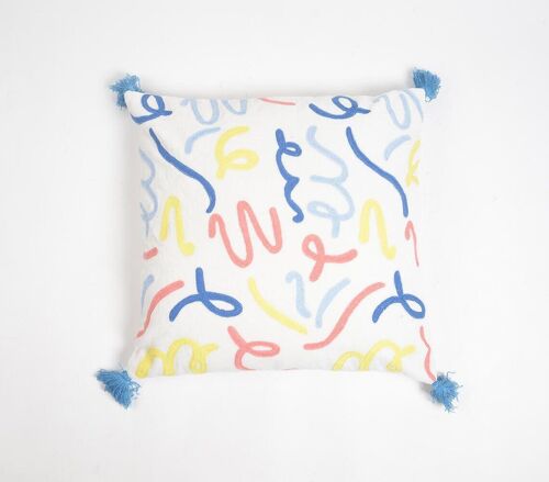 Embroidered Abstract Doodles Cotton Tasseled Cushion Cover, 18 x 18 inches