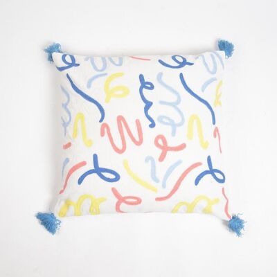 Embroidered Abstract Doodles Cotton Tasseled Cushion Cover, 18 x 18 inches