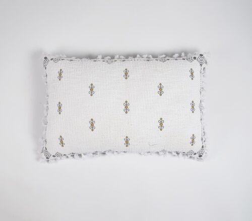 Embroidered Minimal Pillow Cover with Fringes, 14 x 20 inches