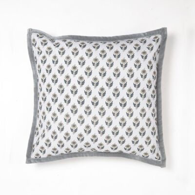 Floral Gray Cotton Cushion Cover with Piped Border, 18 x 18 inches