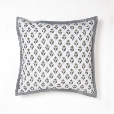 Floral Grey Cotton Cushion Cover with Piped Border, 18 x 18 inches