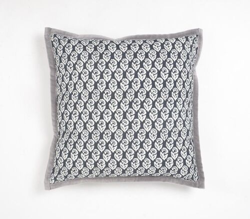 Monochrome Floral Cotton Cushion Cover with Piped Border, 18 x 18 inches