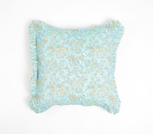Floral Garden Blue Cotton Cushion Cover with Frilled Border, 18 x 18 inches