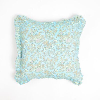 Floral Garden Blue Cotton Cushion Cover with Frilled Border, 18 x 18 inches