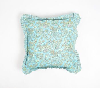 Housse de coussin en coton bleu jardin floral avec bordure à volants, 18 x 18 pouces 3