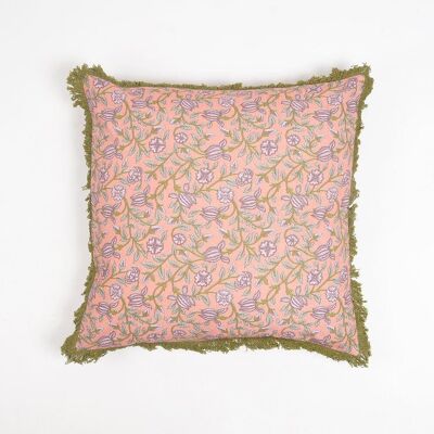 Housse de coussin en coton rose floral avec franges olive, 18 x 18 pouces