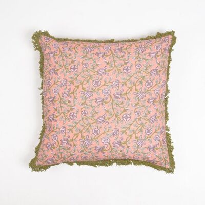 Floral Pink Cotton Cushion Cover with Olive Fringes, 18 x 18 inches