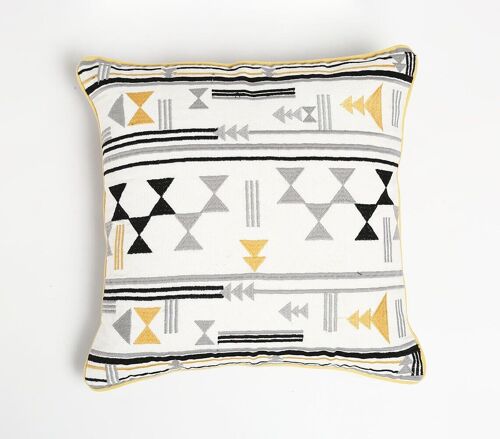 Eco-Friendly Embroidered Geometric Cotton Cushion Cover, 16 x 16 inches