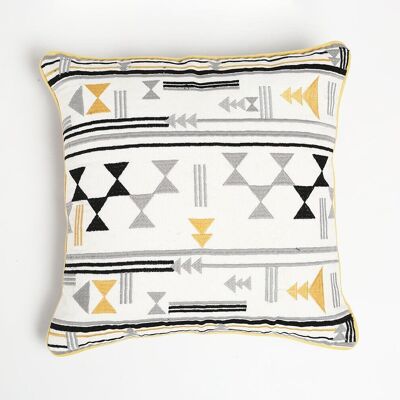Eco-Friendly Embroidered Geometric Cotton Cushion Cover, 16 x 16 inches