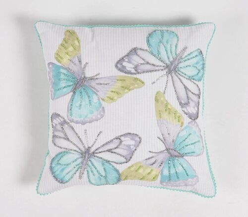 Butterfly Printed & Beaded Cushion cover, 16 x 16 inches