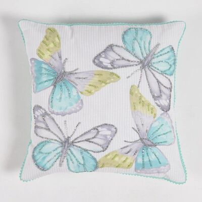 Butterfly Printed & Beaded Cushion cover, 16 x 16 inches
