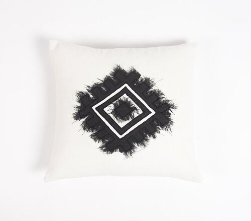 Embroidered & Fringed Cotton Cushion cover, 16 x 16 inches