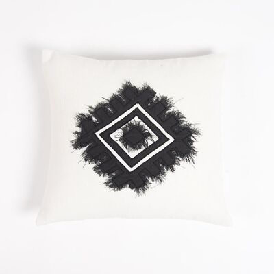 Embroidered & Fringed Cotton Cushion cover, 16 x 16 inches