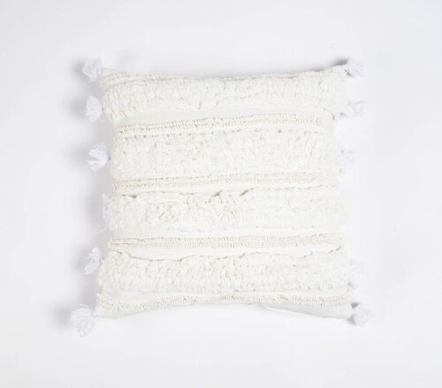 Hand Tufted Cotton Cushion Cover with Frayed tassels, 16 x 16 inches