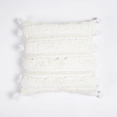 Hand Tufted Cotton Cushion Cover with Frayed tassels, 16 x 16 inches