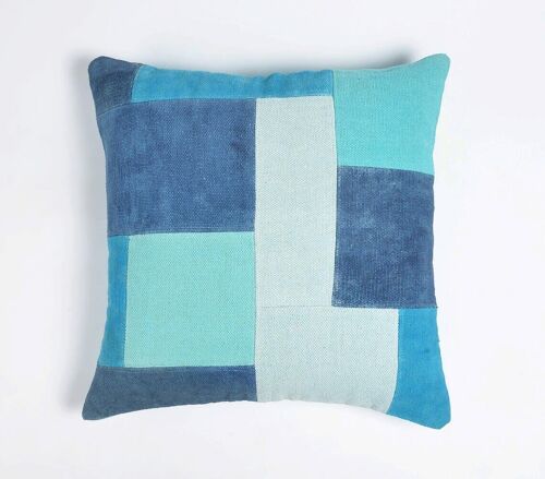 Azure Patchwork Cotton Cushion Cover, 24 x 24 inches