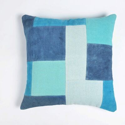 Azure Patchwork Cotton Cushion Cover, 24 x 24 inches