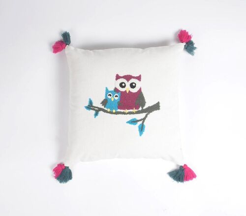 Quirky Owl Embroidered Cotton Cushion Cover, 16 x 16 inches