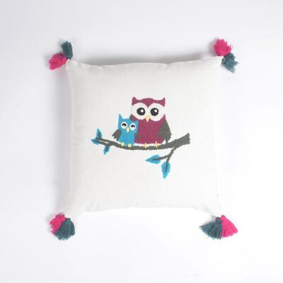 Quirky Owl Embroidered Cotton Cushion Cover, 16 x 16 inches