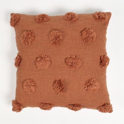 Fodera per cuscino in cotone con pompon color mattone trapuntata a mano