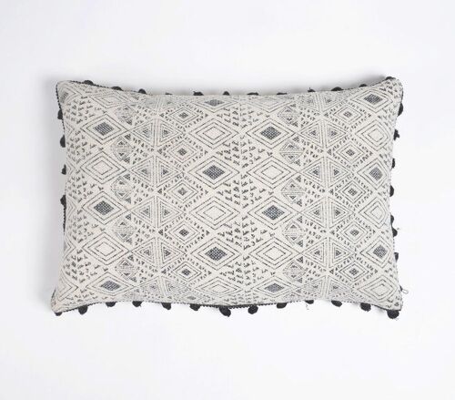 Printed & Border Tasseled Cotton Lumbar Cushion Cover