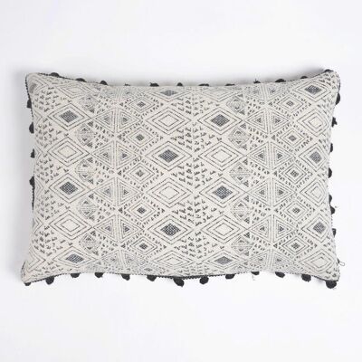 Printed & Border Tasseled Cotton Lumbar Cushion Cover