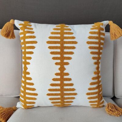 Honey Embroidered Tasseled Cushion Cover