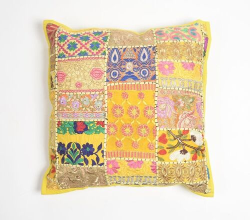 Abstract Patchwork & Embroidered Cushion Cover, 18 x 18 inches