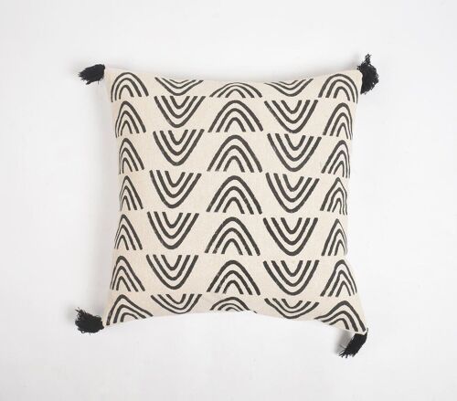 Boomerang Monochrome Cotton Tasseled Cushion Cover, 20 x 20 inches
