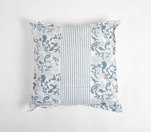 Block Printed Navy Floral Panels Cushion Cover, 18 x 18 inches