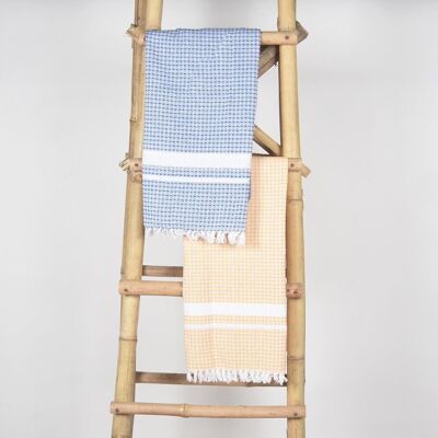 Set di 2 asciugamani da bagno in cotone giallo e blu a quadretti