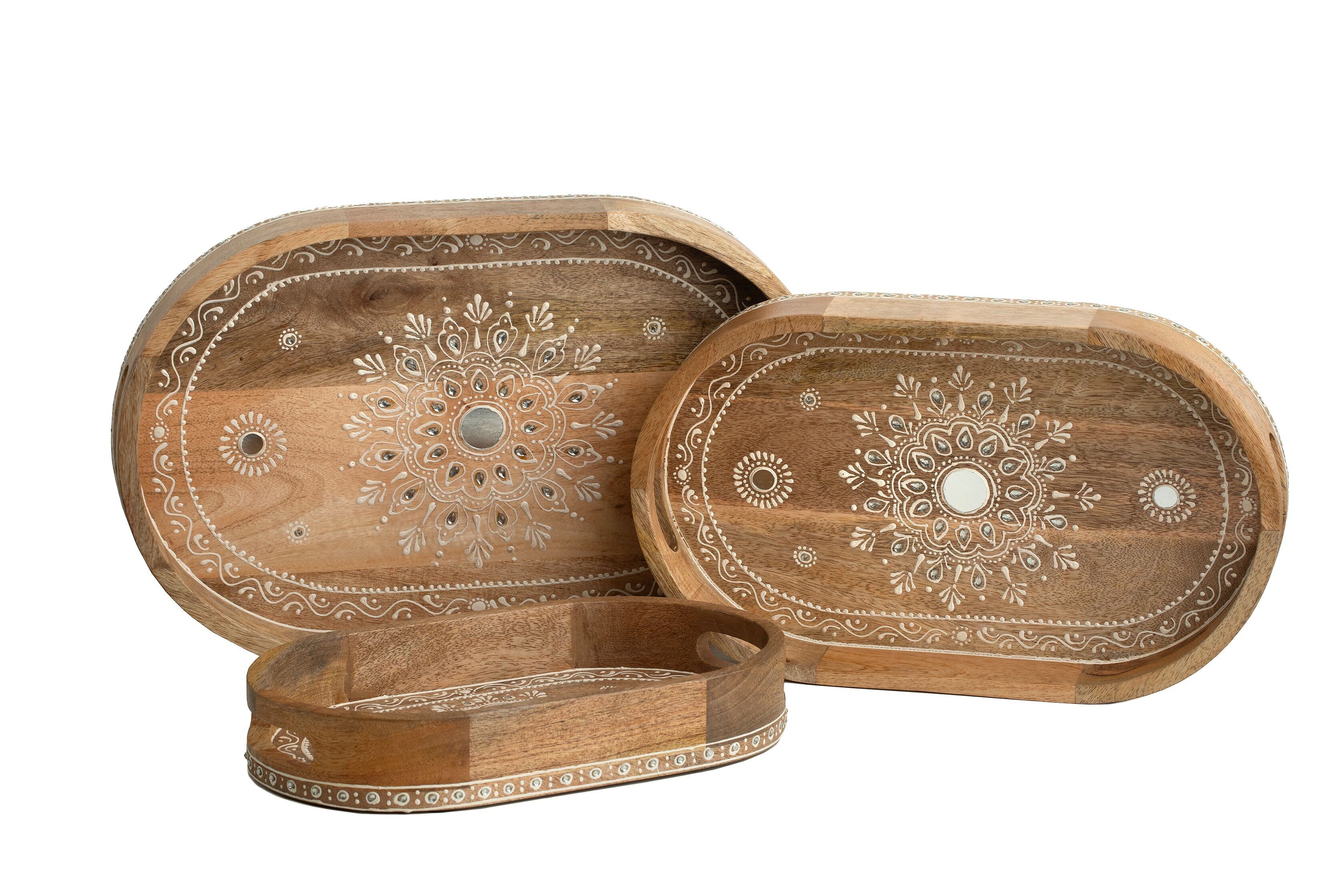 SET 3 PAINTED WOOD/CRYSTAL TRAYS HM311011000