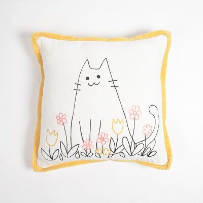 Embroidered Kitty Floral Doodle Cotton Cushion Cover
