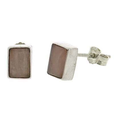 Rose Quartz Cabochon Rectangle Stud Earrings with Presentation Box