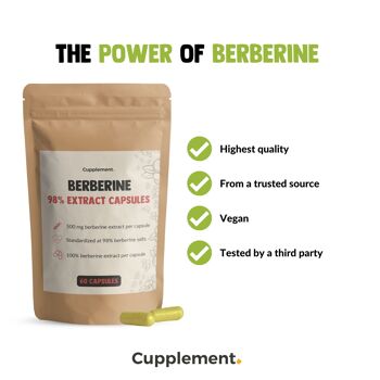 Cupplement - Berbérine 60 Capsules - 98% Extrait de Berbérine - 500 MG par capsule - Pas 100 mg mais 500 mg - Supplément - Superaliment - Comprimés - hcl 3