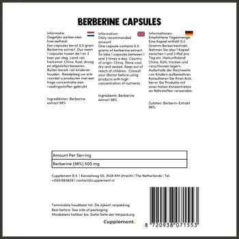 Cupplement - Berbérine 60 Capsules - 98% Extrait de Berbérine - 500 MG par capsule - Pas 100 mg mais 500 mg - Supplément - Superaliment - Comprimés - hcl 5