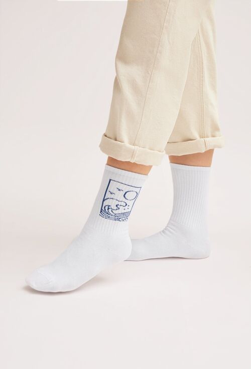 Bio-Socken mit Ozean-Motiv - Weiße Tennissocken mit blauem Ozean, Ocean