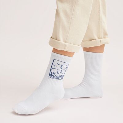 Organic Ocean Socks - White Tennis Socks with Blue Ocean, Ocean