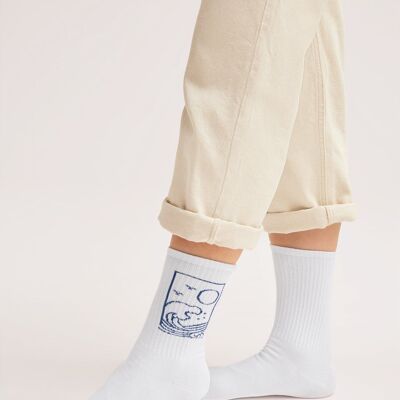 Organic Ocean Socks - White Tennis Socks with Blue Ocean, Ocean