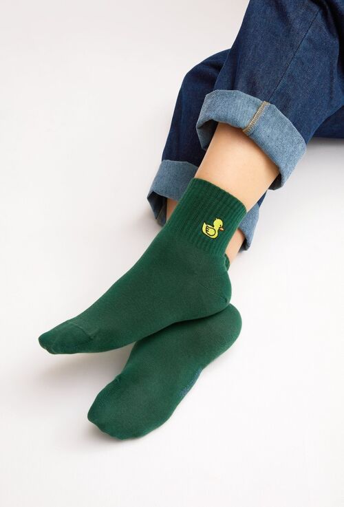 Bio-Socken mit Badeente - Grüne Tennissocken mit gestickter gelber Ente, Bath duck