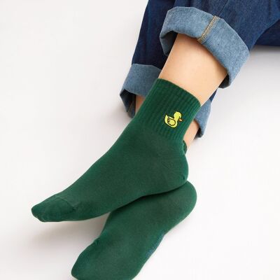 Organic socks with bath duck - Green tennis socks with embroidered yellow duck, Bath duck