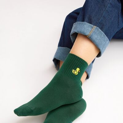 Organic socks with bath duck - Green tennis socks with embroidered yellow duck, Bath duck